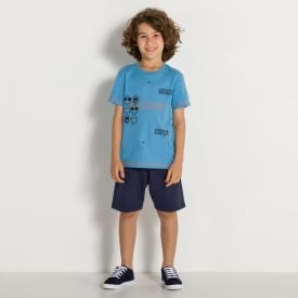 Conjunto 4 a 10 anos Camiseta Smile + Bermuda Hot Dog Azul