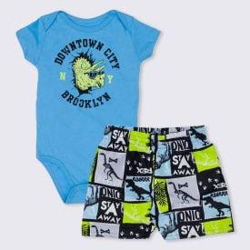 Conjunto de Bebê Brooklyn Body + Bermuda Fakini Azul Claro/Rot Dino Azul