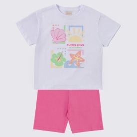 Conjunto Infantil Menina 4 a 10 Anos Marmelada Branco/Chiclete
