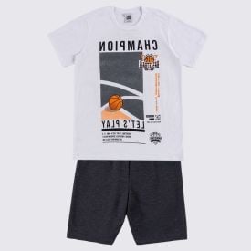 Conjunto Juvenil Menino 12 a 16 Anos Hot Dog Branco/Mescla Preto