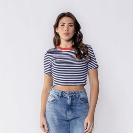 Cropped Feminino Listrado Em Ribana Boby Blues Marinho/Branco/Vermelho