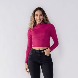 Cropped Feminino Manga Longa Canelado Patricia Foster Cereja