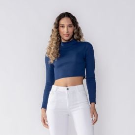 Cropped Feminino Manga Longa Canelado Patricia Foster Azul Marinho