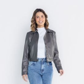 Jaqueta Feminina Cropped De Couro Sintético Boby Blues Cinza