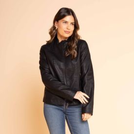 Jaqueta Feminina De Couro Sintético Com Gola Redonda Patricia Foster