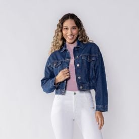 Jaqueta Jeans Feminina Cropped Boby Blues Azul Medio