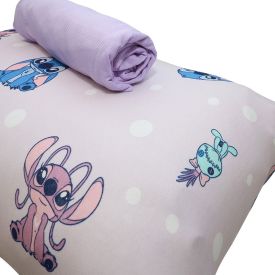 Jogo de Cama Solteiro Malha Estampado Disney - Love Stitch Lavanda