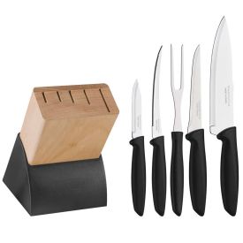 Jogo De Facas Plenus 05 Peças E Suporte Madeira Tramontina - Preto e Madeira