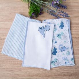 Kit 3 Panos De Boca 32 X 32 Cm 100% Algodão Havan Baby - Dino Azul