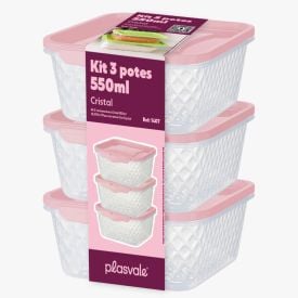 Jogo De Potes Quadrados Com Trava Cristal Plasvale 550Ml - 3 Peças