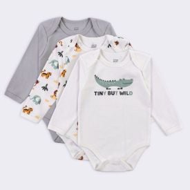 Kit Bebê Body Manga Longa 3 Peças Yoyo Baby Off White Safari