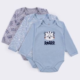 Kit Bebê Body Manga Longa 3 Peças Yoyo Baby Azul Claro Tigre