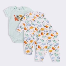 Kit Bebê Macacão, Body e Calça Yoyo Baby Cinza Dinossauro
