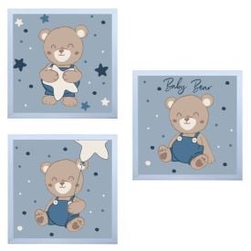 Kit De Quadros Decor Baby 3 Peças - Teddy Azul