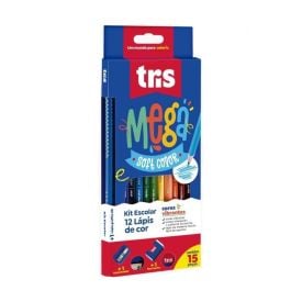 Kit Tris Com Lápis De Cor + Lápis De Escrever + Apontador + Borracha - 15 Peças