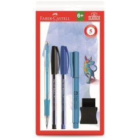 Kit Escolar Com Canetas + Lapiseira + Caneta Marca Texto + Borracha  Faber Castell - Azul e Preto