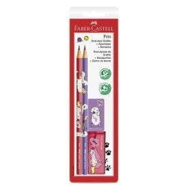 Kit Faber Castell Com Lápis Grafite + Apontador + Borracha - Rosa/Roxo