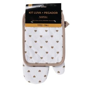 Kit Luva e Pegador de Panelas Napoli Jolitex - Corações Bege