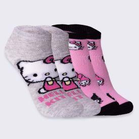Kit Meia Infantil Com 2 Pares Cano Curto Hello Kitty Sanrio Cinza/Rosa