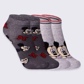 Kit Meia Infantil Com 2 Pares Cano Curto Mickey Disney Cinza