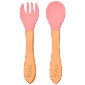 Kit Talheres Infantil  Silicone E Bambu Buba - Rosa Claro