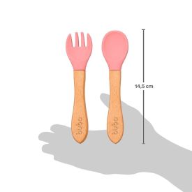 Kit Talheres Infantil  Silicone E Bambu Buba - Rosa Claro