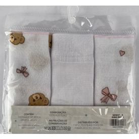 Pano de Boca com Prendedor de Chupeta 3 Peças - Urso Rosa