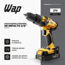 Parafusadeira e Furadeira 3/8” Wap K21 Id02 21V Torque 45Nm