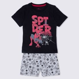 Pijama 1 a 3 anos Spider Man Malha Penteada Marvel Preto/ Mescla Claro