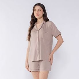 Pijama Feminino Americano De Viscose Camila Moretti Amendoa
