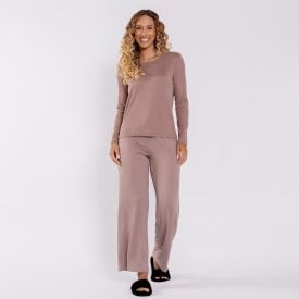 Pijama Feminino Canelado Em Malha Tricot Camila Moretti Marrom