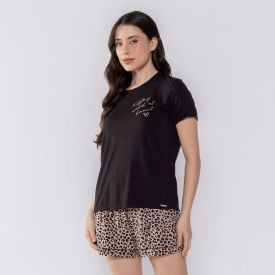 Pijama Feminino Curto Animal Print Camila Moretti Preto