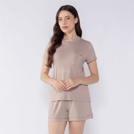 Pijama Feminino Curto Com Bolso Camila Moretti Amendoa