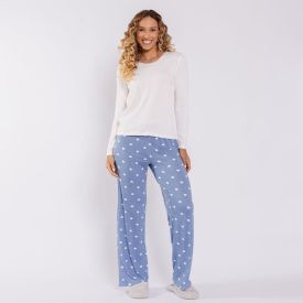 Pijama Feminino Longo Canelado Camila Moretti Denim / Coracoes