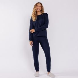 Pijama Feminino Longo Em Malha Tricot Camila Moretti Azul Marinho