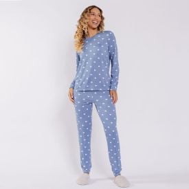 Pijama Feminino Longo Em Malha Tricot Camila Moretti Denim / Coracoes