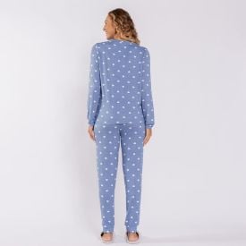 Pijama Feminino Longo Em Malha Tricot Camila Moretti Denim / Coracoes