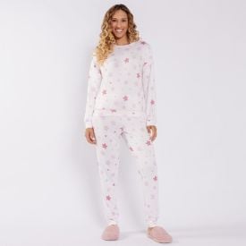Pijama Feminino Longo Em Malha Tricot Camila Moretti Off-White / Estrelas