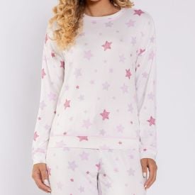 Pijama Feminino Longo Em Malha Tricot Camila Moretti Off-White / Estrelas