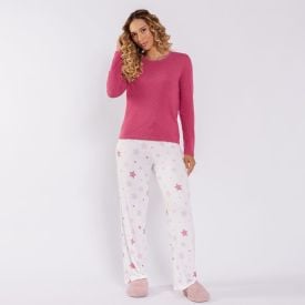 Pijama Feminino Longo Em Malha Tricot Camila Moretti Off-White / Estrelas
