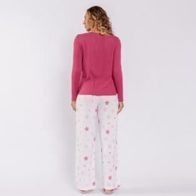 Pijama Feminino Longo Em Malha Tricot Camila Moretti Off-White / Estrelas