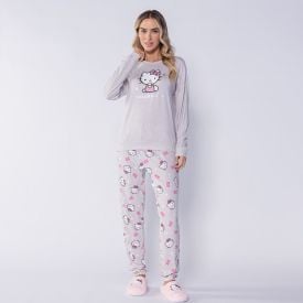 Pijama Feminino Longo Em Malha Tricot Sanrio Hello Kitty