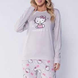 Pijama Feminino Longo Em Malha Tricot Sanrio Hello Kitty
