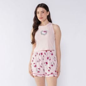 Pijama Hello Kitty Feminino Regata Cropped Sanrio Rosa