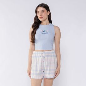 Pijama Stitch Feminino Regata Cropped Disney Azul