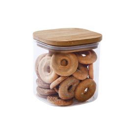 Pote de Vidro Quadrado com Tampa de Bambu Havan Casa 800Ml - Transparente e Bege Natural