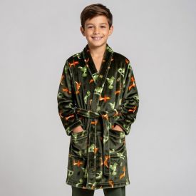 Roupão Infantil m Microfibra Lumini Havan Kids - Dinossauro Verde