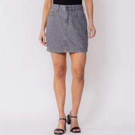 Saia Feminina Jeans Com Perola Boby Blues Cinza
