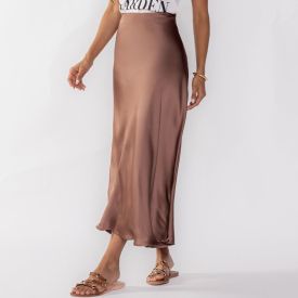 Saia Midi Feminina Em Cetim Patricia Foster Marrom