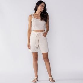 Short Feminino Com Cinto Patricia Foster Linho